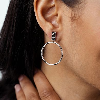 Judy Crowell Sterling Silver Textured Circle Hoop Drop Earrings