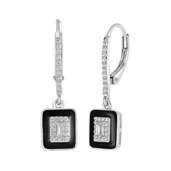 Judy Crowell Sterling Silver Black Enamel Square CZ Leverback Earrings