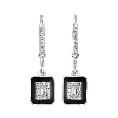 Judy Crowell Sterling Silver Black Enamel Square CZ Leverback Earrings
