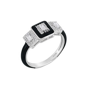 Judy Crowell Sterling Silver Black Enamel Three Rectangle CZ Ring