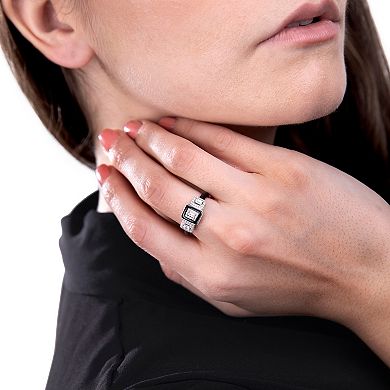 Judy Crowell Sterling Silver Black Enamel Three Rectangle CZ Ring