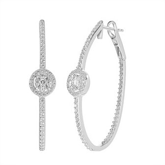 Judy Crowell Sterling Silver CZ Halo CZ Hoop Earrings