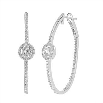 Judy Crowell Sterling Silver CZ Halo CZ Hoop Earrings