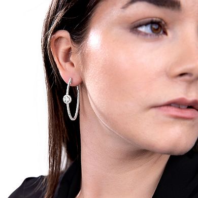 Judy Crowell Sterling Silver CZ Halo CZ Hoop Earrings