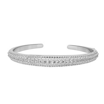 Judy Crowell Sterling Silver Three Row CZ Open Cuff Bracelet