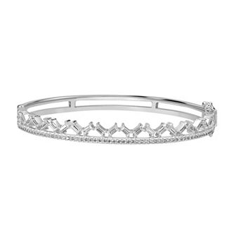 Judy Crowell Sterling Silver Baguette CZ Two Row Bangle Bracelet