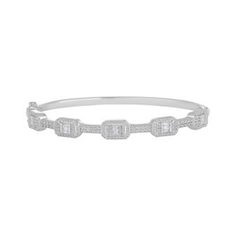 Judy Crowell Sterling Silver Rectangle Station CZ Bangle Bracelet
