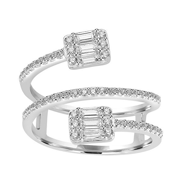 Judy Crowell Sterling Silver CZ Square Open Bypass Ring