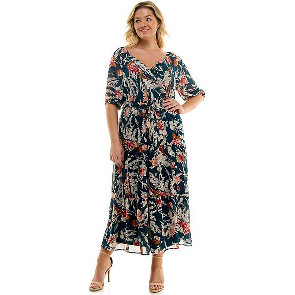 Plus Size Luxology V Neck Belted Tiered Maxi Dress