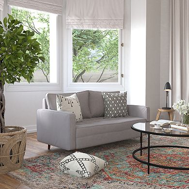 Emma and Oliver Trendy Mid-Century Modern Faux Linen Loveseat with Wood Legs