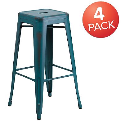 Emma and Oliver Commercial Grade 4 Pack 30" High Backless Distressed Metal Indoor-Outdoor Barstool