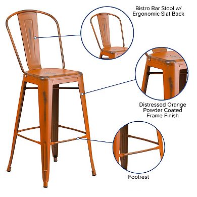 Emma and Oliver Commercial Grade 4 Pack 30" High Distressed Metal Indoor-Outdoor Barstool with Back