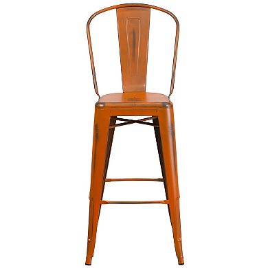 Emma and Oliver Commercial Grade 4 Pack 30" High Distressed Metal Indoor-Outdoor Barstool with Back