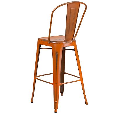 Emma and Oliver Commercial Grade 4 Pack 30" High Distressed Metal Indoor-Outdoor Barstool with Back