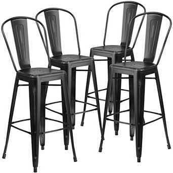 Emma and Oliver Commercial Grade 4 Pack 30" High Distressed Metal Indoor-Outdoor Barstool with Back
