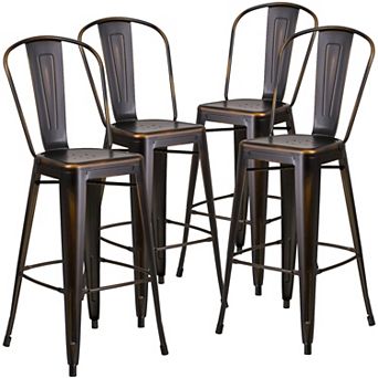 Emma and Oliver Commercial Grade 4 Pack 30" High Distressed Metal Indoor-Outdoor Barstool with Back