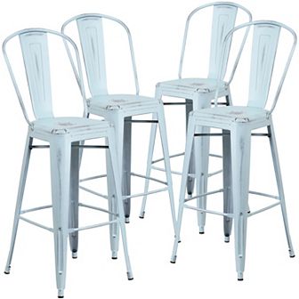 Emma and Oliver Commercial Grade 4 Pack 30" High Distressed Metal Indoor-Outdoor Barstool with Back