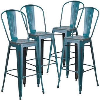 Emma and Oliver Commercial Grade 4 Pack 30" High Distressed Metal Indoor-Outdoor Barstool with Back