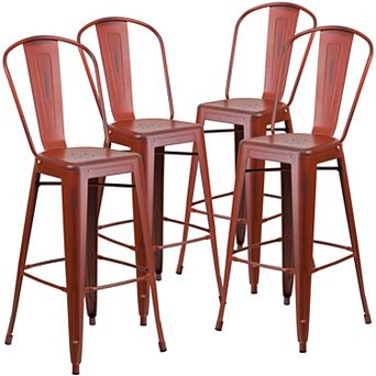 Emma and Oliver Commercial Grade 4 Pack 30" High Distressed Metal Indoor-Outdoor Barstool with Back