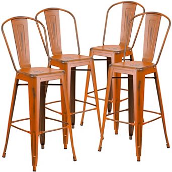 Emma and Oliver Commercial Grade 4 Pack 30" High Distressed Metal Indoor-Outdoor Barstool with Back
