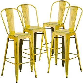 Emma and Oliver Commercial Grade 4 Pack 30" High Distressed Metal Indoor-Outdoor Barstool with Back