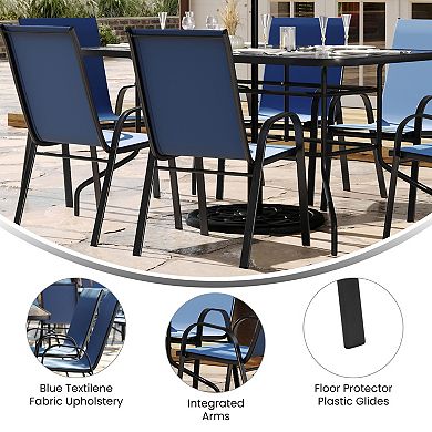 Emma and Oliver Five Piece Patio Table Set with Metal Table with Tempered Glass Top and 4 Flex Comfort Stacking Chairs