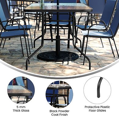 Emma and Oliver Five Piece Patio Table Set with Metal Table with Tempered Glass Top and 4 Flex Comfort Stacking Chairs