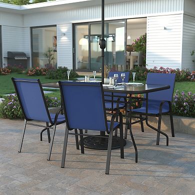 Emma and Oliver Five Piece Patio Table Set with Metal Table with Tempered Glass Top and 4 Flex Comfort Stacking Chairs