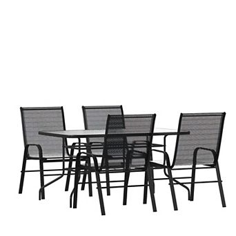 Emma and Oliver 5 pc Patio Dining Set - Glass Patio Table, 4 Flex Stack Chairs