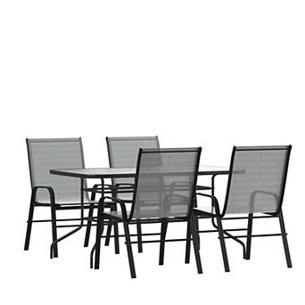 Emma and Oliver 5 pc Patio Dining Set - Glass Patio Table, 4 Flex Stack Chairs