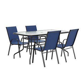 Emma and Oliver 5 pc Patio Dining Set - Glass Patio Table, 4 Flex Stack Chairs