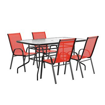 Emma and Oliver 5 pc Patio Dining Set - Glass Patio Table, 4 Flex Stack Chairs