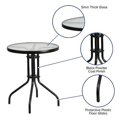 Emma and Oliver Three Piece Patio Table Set with Round Metal Frame Table with Tempered Glass Top and Two Flex Comfort Stacking Chairs