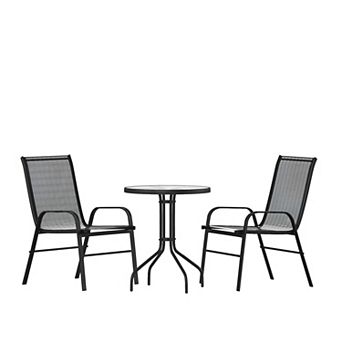 Emma and Oliver Three Piece Patio Table Set with Round Metal Frame Table with Tempered Glass Top and Two Flex Comfort Stacking Chairs