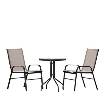 Emma and Oliver Three Piece Patio Table Set with Round Metal Frame Table with Tempered Glass Top and Two Flex Comfort Stacking Chairs