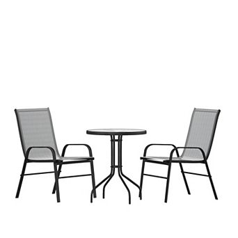 Emma and Oliver Three Piece Patio Table Set with Round Metal Frame Table with Tempered Glass Top and Two Flex Comfort Stacking Chairs