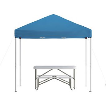 Emma and Oliver Portable Tailgate, Camping or Event Set with White Pop Up Event Canopy Tent with Carry Bag and Folding Table with Benches Set