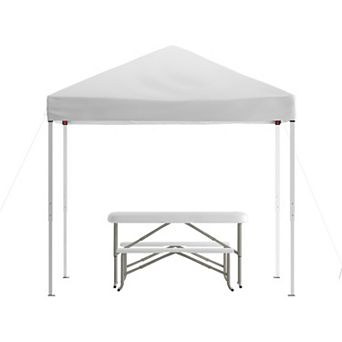 Emma and Oliver Portable Tailgate, Camping or Event Set with White Pop Up Event Canopy Tent with Carry Bag and Folding Table with Benches Set