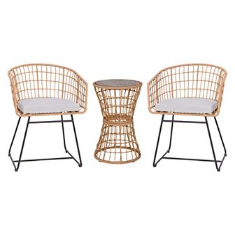Emma and Oliver Ari Three Piece All-Weather Rattan Rope Patio Set with Acacia Wood Top Side Table and Two Chairs with Cushions