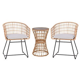 Emma and Oliver Ari Three Piece All-Weather Rattan Rope Patio Set with Acacia Wood Top Side Table and Two Chairs with Cushions