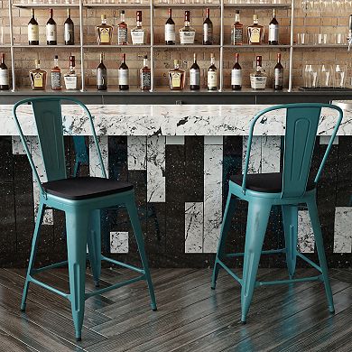 Emma and Oliver Nova Distressed Metal Stools with Backs and Polystyrene Seats for Indoor/Outdoor Use