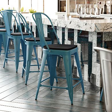 Emma and Oliver Nova Distressed Metal Stools with Backs and Polystyrene Seats for Indoor/Outdoor Use