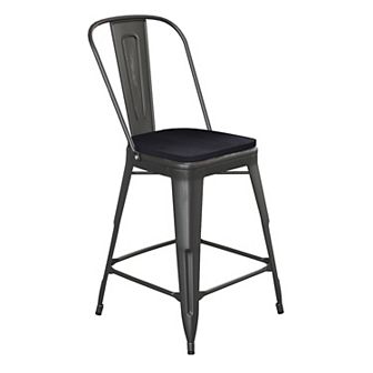 Emma and Oliver Nova Distressed Metal Stools with Backs and Polystyrene Seats for Indoor/Outdoor Use