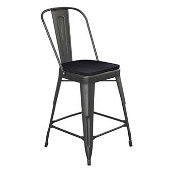 Emma and Oliver Nova Distressed Metal Stools with Backs and Polystyrene Seats for Indoor/Outdoor Use