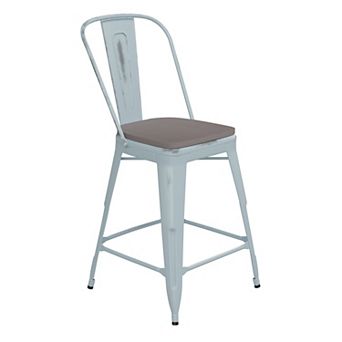 Emma and Oliver Nova Distressed Metal Stools with Backs and Polystyrene Seats for Indoor/Outdoor Use