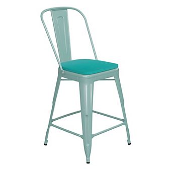 Emma and Oliver Nova Distressed Metal Stools with Backs and Polystyrene Seats for Indoor/Outdoor Use