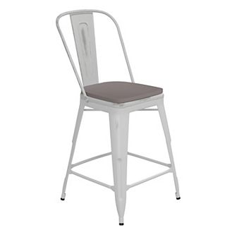 Emma and Oliver Nova Distressed Metal Stools with Backs and Polystyrene Seats for Indoor/Outdoor Use