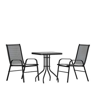 Emma and Oliver Three Piece Patio Table Set with Square Metal Frame Table with Tempered Glass Top and Two Flex Comfort Stacking Chairs