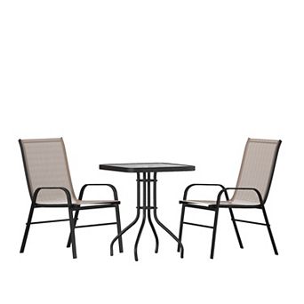 Emma and Oliver Three Piece Patio Table Set with Square Metal Frame Table with Tempered Glass Top and Two Flex Comfort Stacking Chairs