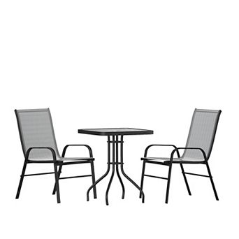Emma and Oliver Three Piece Patio Table Set with Square Metal Frame Table with Tempered Glass Top and Two Flex Comfort Stacking Chairs